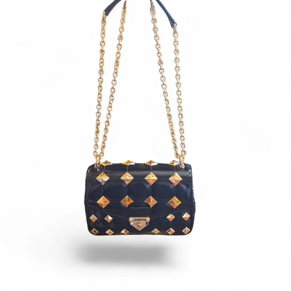 Michael Kors Whitney Studded Patent Leather Shoulder Bag Black Gold